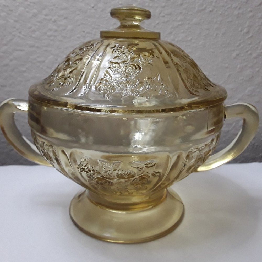 Amber-Yellow Depression Glass Sugar Bowl with Lid